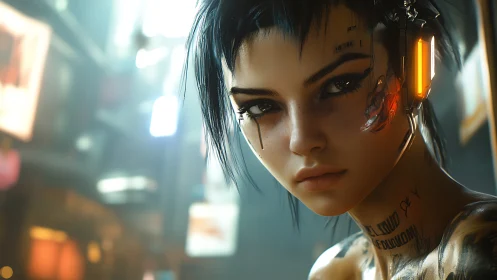 Neon city cyborg girl pausing between sparks of tomorrow.