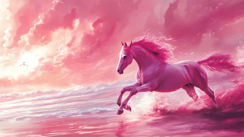 Pink horse gallops through luminous surf under rosy sky