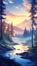 Sunrise river quietly sketches light across misty pines