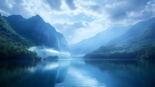 Mountain lake reflects forested slopes under diffused blue light