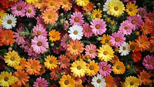 Gerbera daisy flowers in multiple color variations arranged densely together.