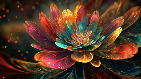 Fractal chrysanthemum bloom with iridescent multicolor petals