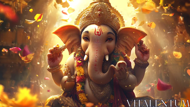 Digital rendering depicts seated Ganesha figure in warm light