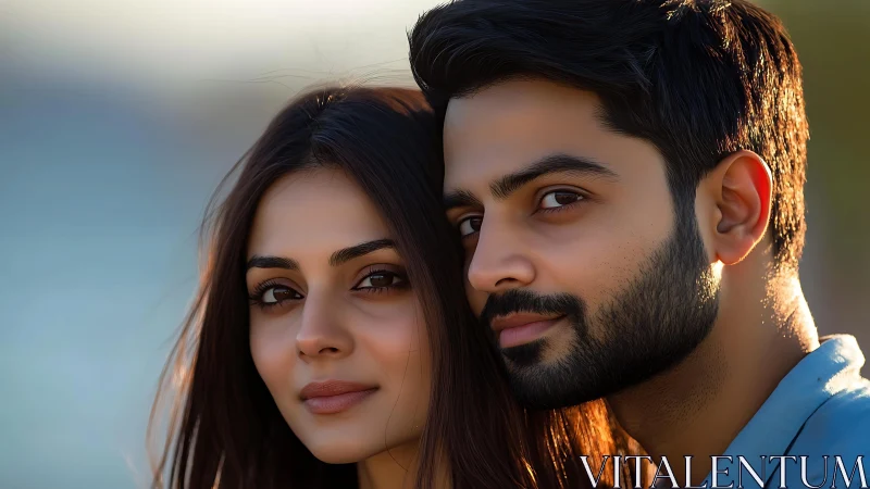 Intimate portrait of couple at golden hour light.