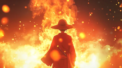 Silhouetted Figure in Inferno: Digital Rendering of Fire and Light.