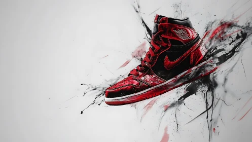 Dynamic red sneaker in high-velocity digital paint explosion.