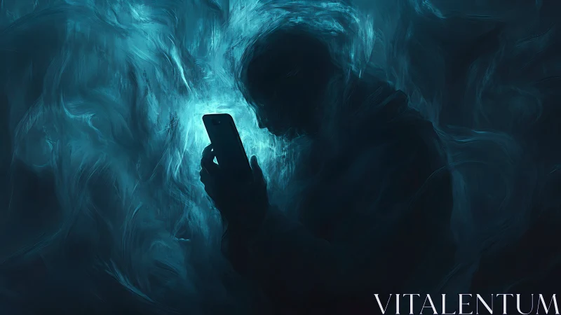 Silhouetted phone user in teal luminescent data mist field