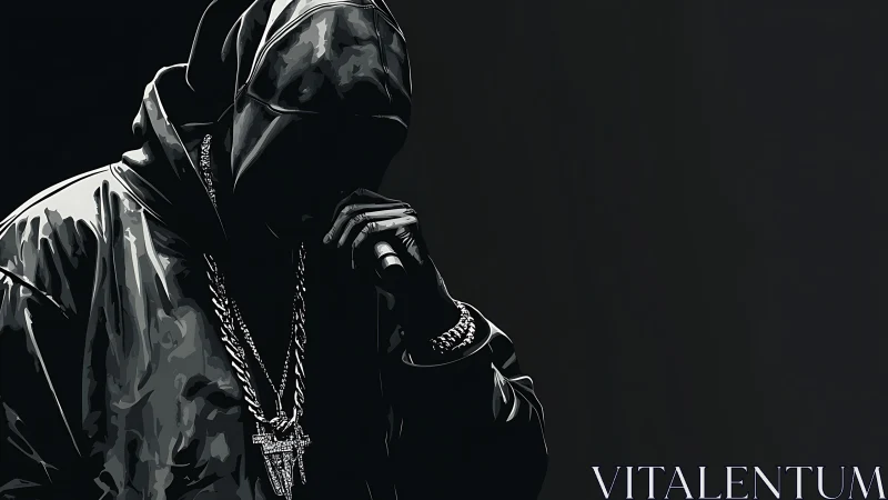 Hooded rapper silhouette holds microphone under stark light