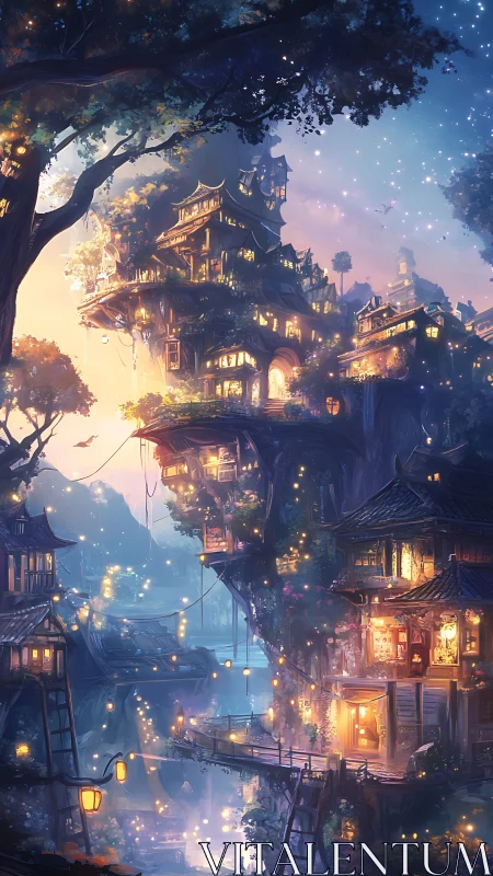 Vertical fantasy treehouse village with luminous lantern networks.