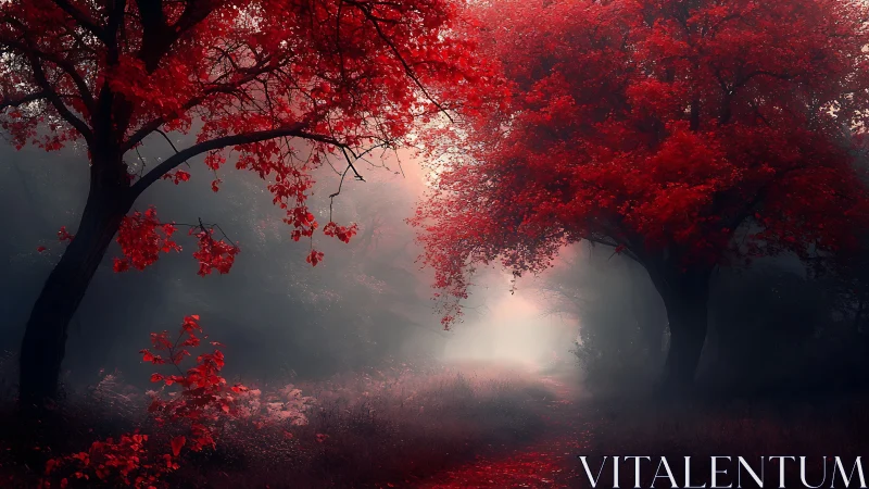 Scarlet forest path dissolves into atmospheric luminous fog