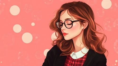 Vector portrait of introspective woman with glasses on coral.