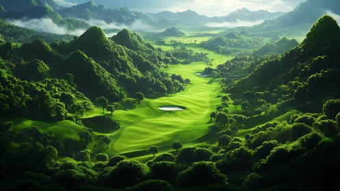 Luminous valley golf course rendered in hyperreal digital light