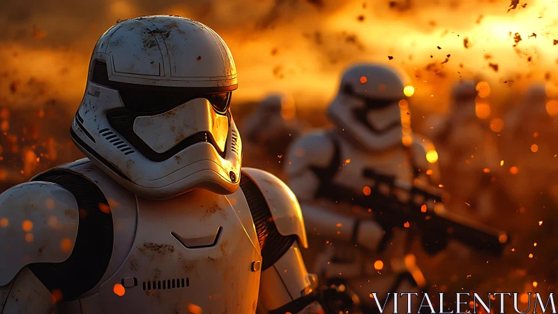 Armored sci‑fi soldiers in burning orange battlefield environment.