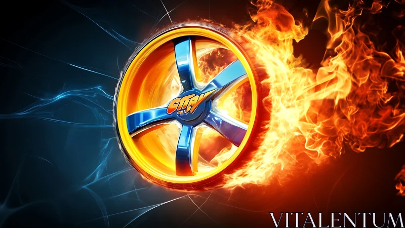 Wheel-like emblem rotates through stylized flames and sparks