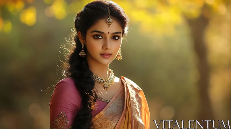 Elegant woman in traditional sari stands in golden bokeh forest