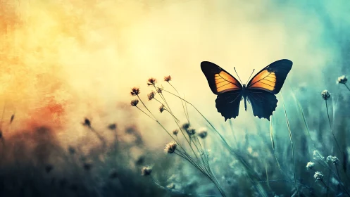 Glowing butterfly ascending over dreamy meadow dusk sky.