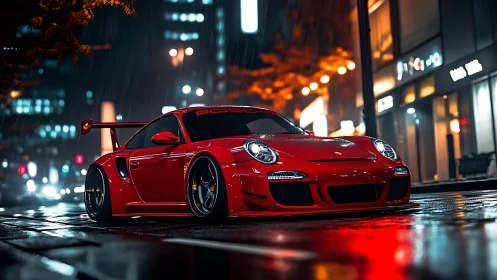 Midnight red sports car glowing on rainy city streets.