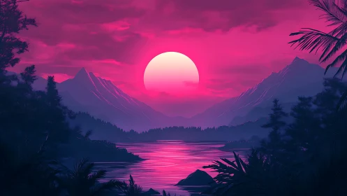 Synthwave style sunset over mountains and reflective lake.