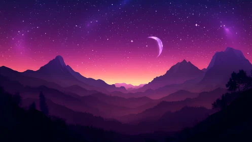Stylized crescent moon above layered mountain silhouettes at dusk