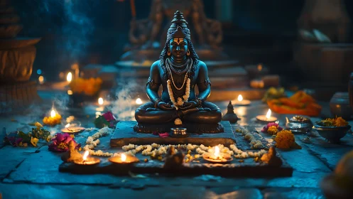Sacred Shiva statue illuminated by ritual oil lamps and garlands