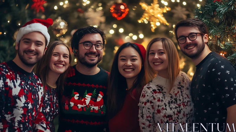 Friends celebrate Christmas in cozy bokeh lights glow.