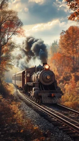 Steam locomotive crossing twin tracks in golden autumn forest