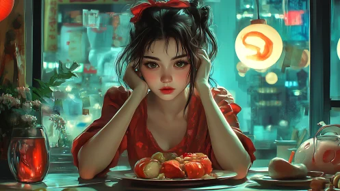 Young woman sits at restaurant table staring at camera