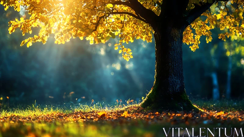 Golden autumn tree glowing in backlit forest sunset.