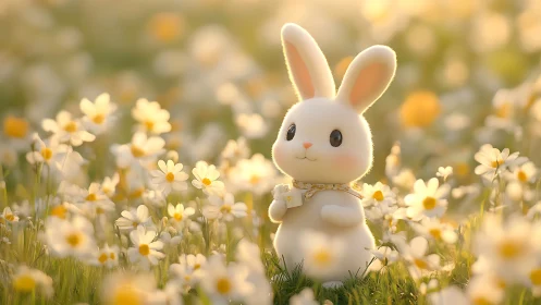 Digital painting of plush rabbit amid luminous daisy meadow.