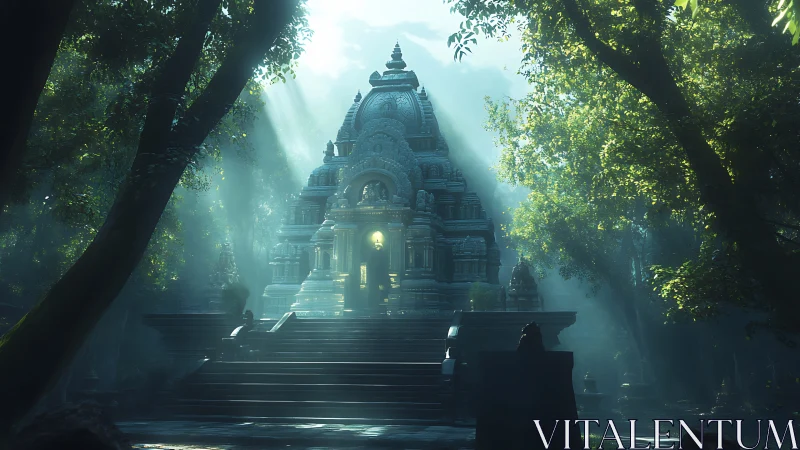 Sunlit stone temple rendered with volumetric forest god rays