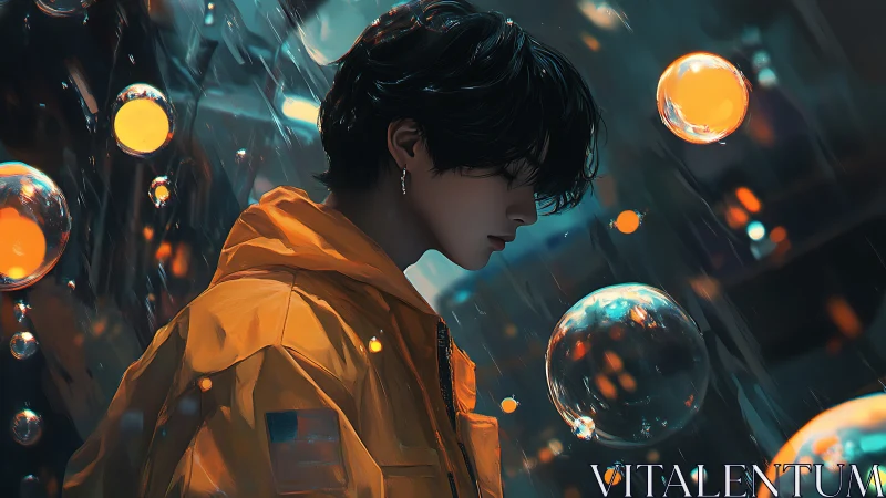 Melancholic youth in neon rain with reflective light orbs