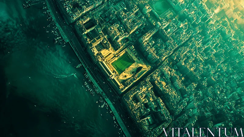 Tilted aerial view shows dense coastal city grid and stadium