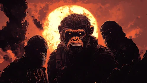 Fierce ape guardians gather beneath a blazing red moon.