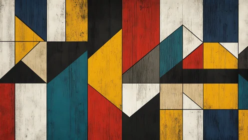 Weathered geometric carnival on painted wooden panels.