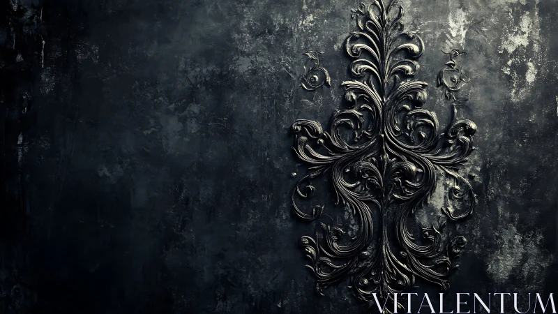 Baroque metallic scrollwork relief on distressed dark panel.