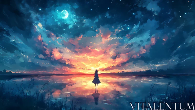 Silhouette stands on reflective water under vivid twilight sky