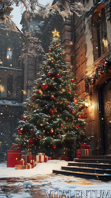 Cozy courtyard Christmas tree glowing with snowy magic.