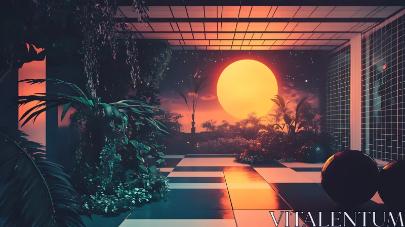 Neon jungle terrace with oversized sun under starry sky.