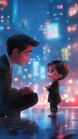 A heartwarming moment between a caring father and child in the neon city lights