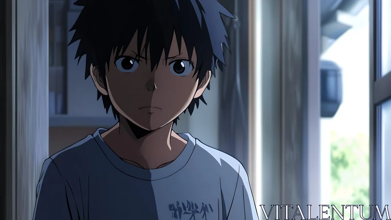 Teen boy stands in dim interior hallway with side lighting