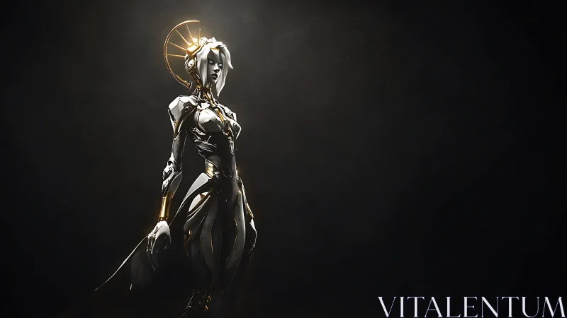 Silver humanoid android with halo detail in dark space.