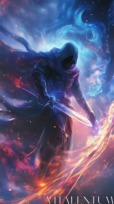 Cosmic hooded warrior wielding dual-elemental blade.