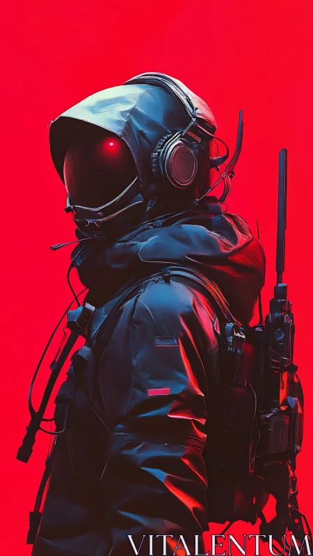 Futuristic black-clad space operative stands in red void.