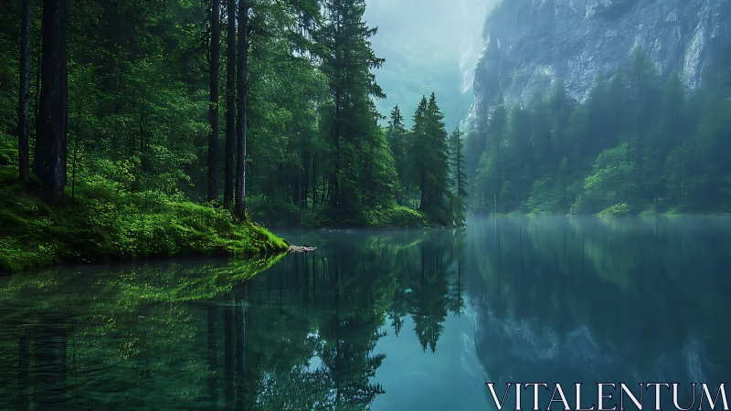 Serene Alpine Lake Reflects Misty Mountain Cliffs