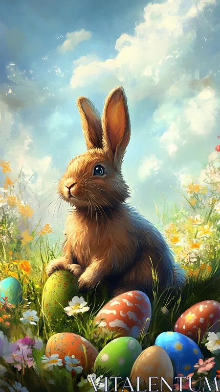 Backlit rabbit among painted Easter eggs in saturated meadow