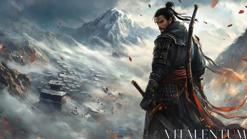 Armored swordsman above misty valley settlement and peaks.