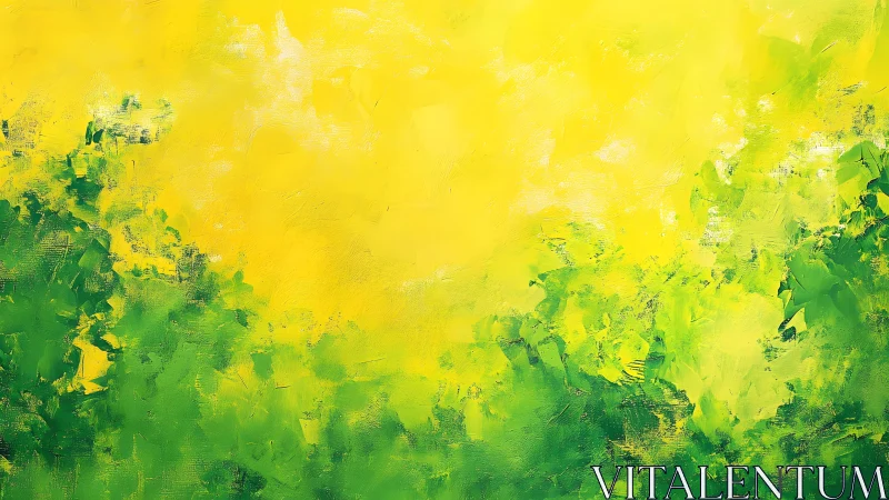 Abstract Yellow and Green Landscape Painting in Impressionist Style.