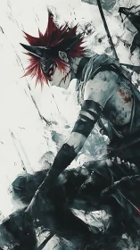 Dynamic anime warrior in monochrome splatter composition.