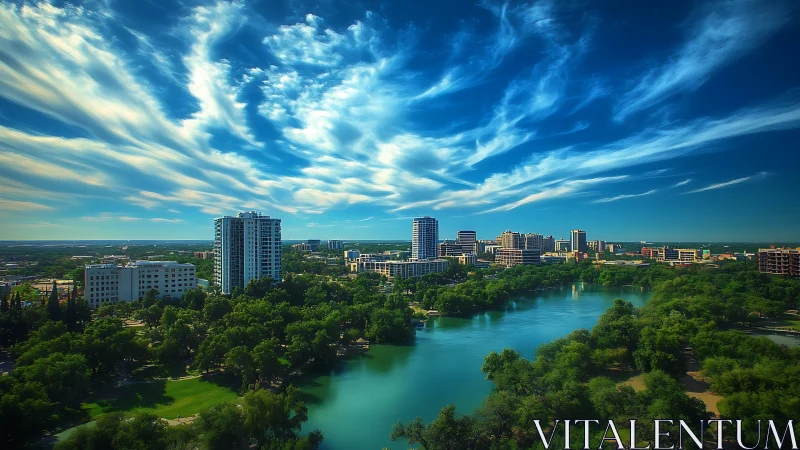 Photorealistic riverfront skyline under dynamic cirrus sky.
