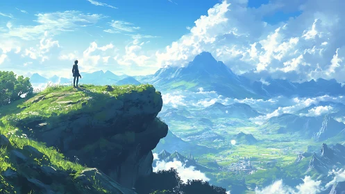 Solitary wanderer overlooking luminous valley expanse.